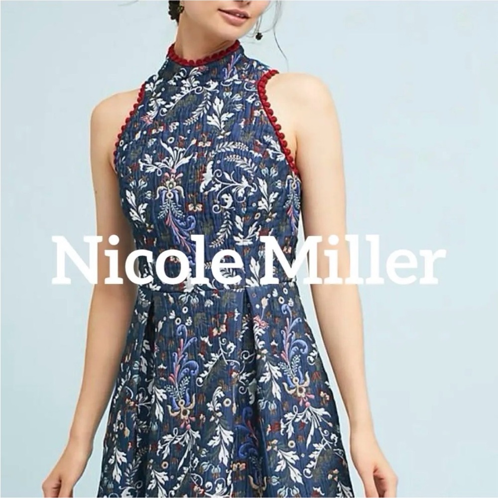Nicole Miller Jacquard Fit & Flare Dress Navy Blue Floral Size 6